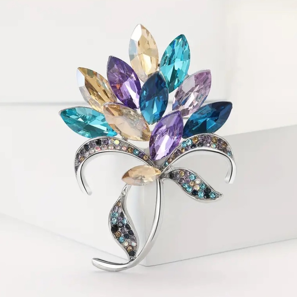 Brooch-flower & stem, large horse eye crystals, reflective, 2.4 x 1.7”, gift box